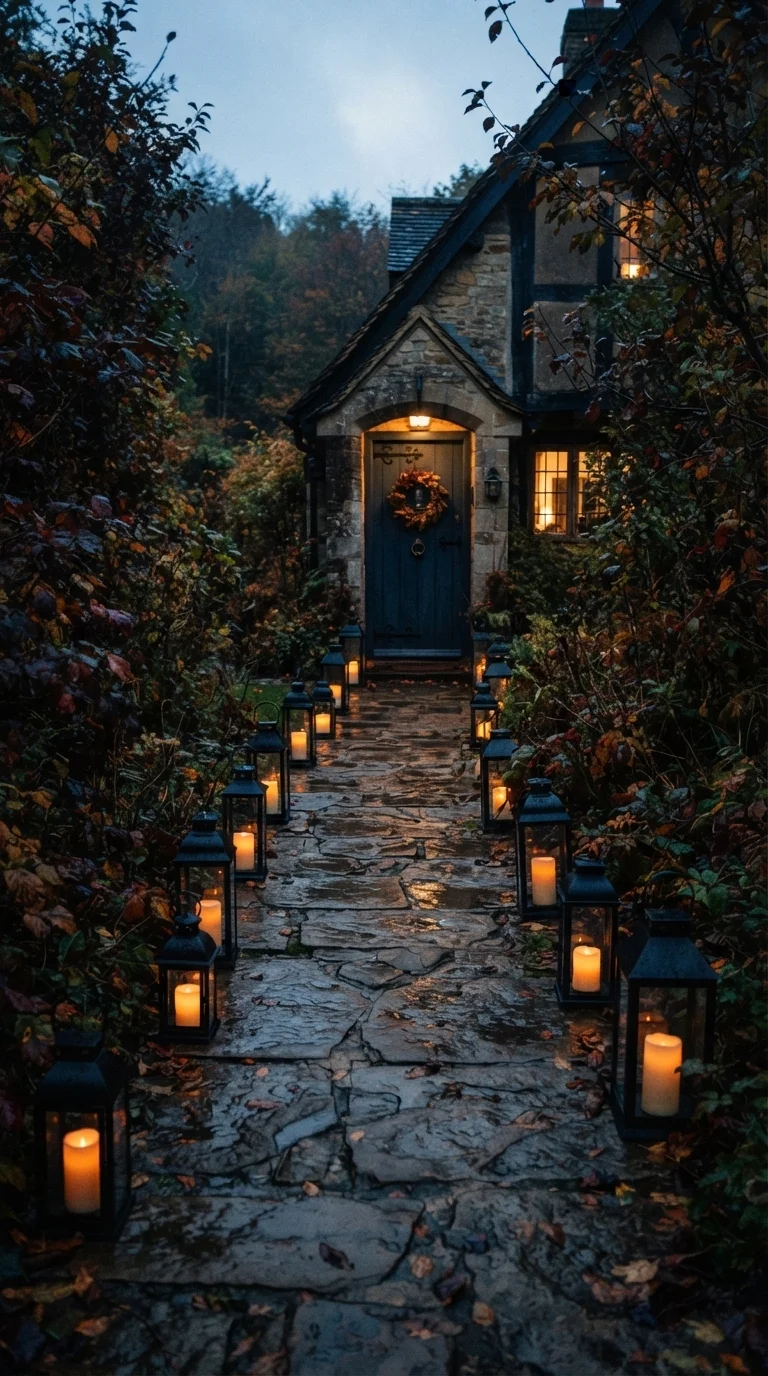 11 Outside Halloween Decorations Ideas 2026 Yard Decor 4. Modern Black and Gold Lantern Paths
