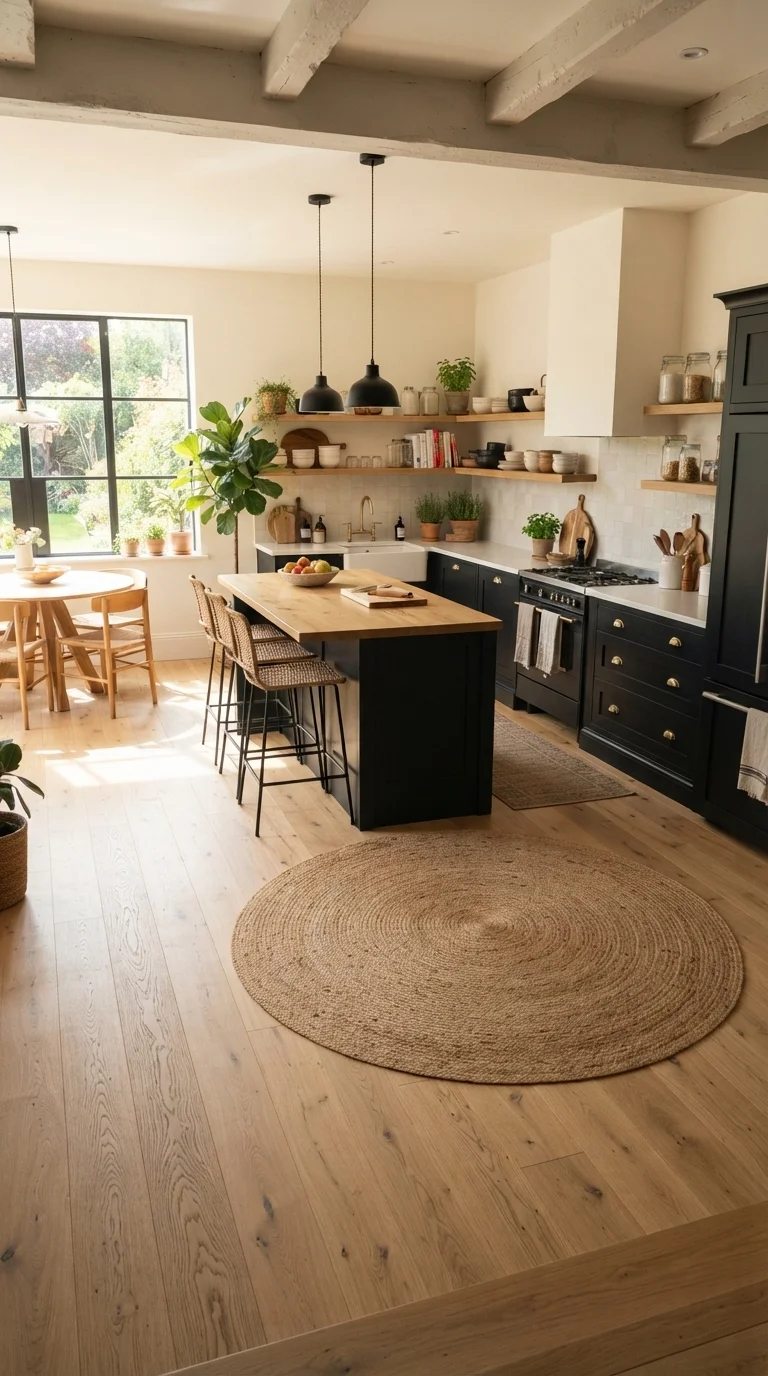 10 Black Kitchen Ideas 2026 Modern Beige and Decor 5. Beige Oak Flooring to Soften Black Interiors