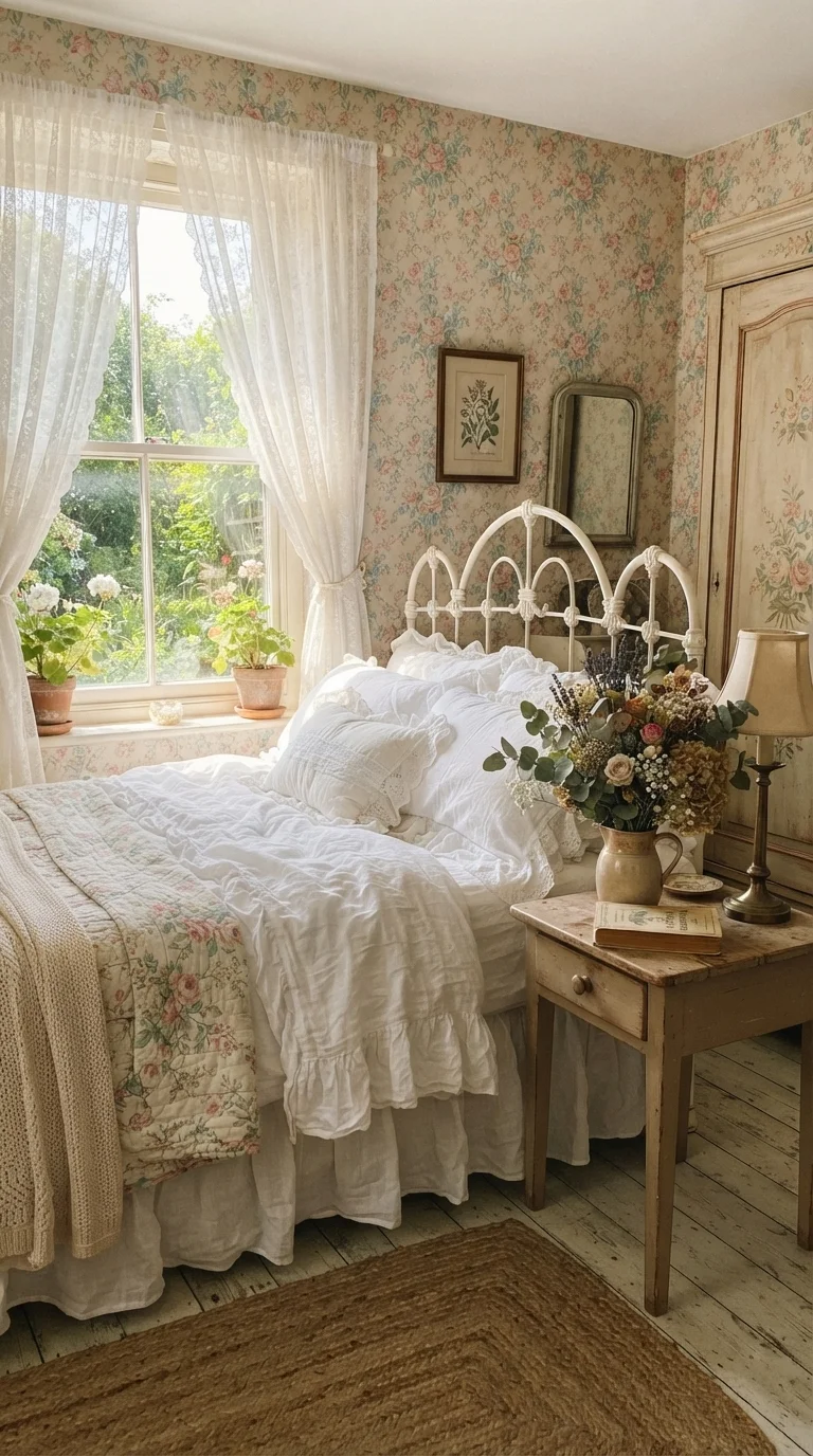 10 Vintage Bedroom Ideas 2026 Elegant Retro 5. Cottagecore Charm with Floral Linens and Lace