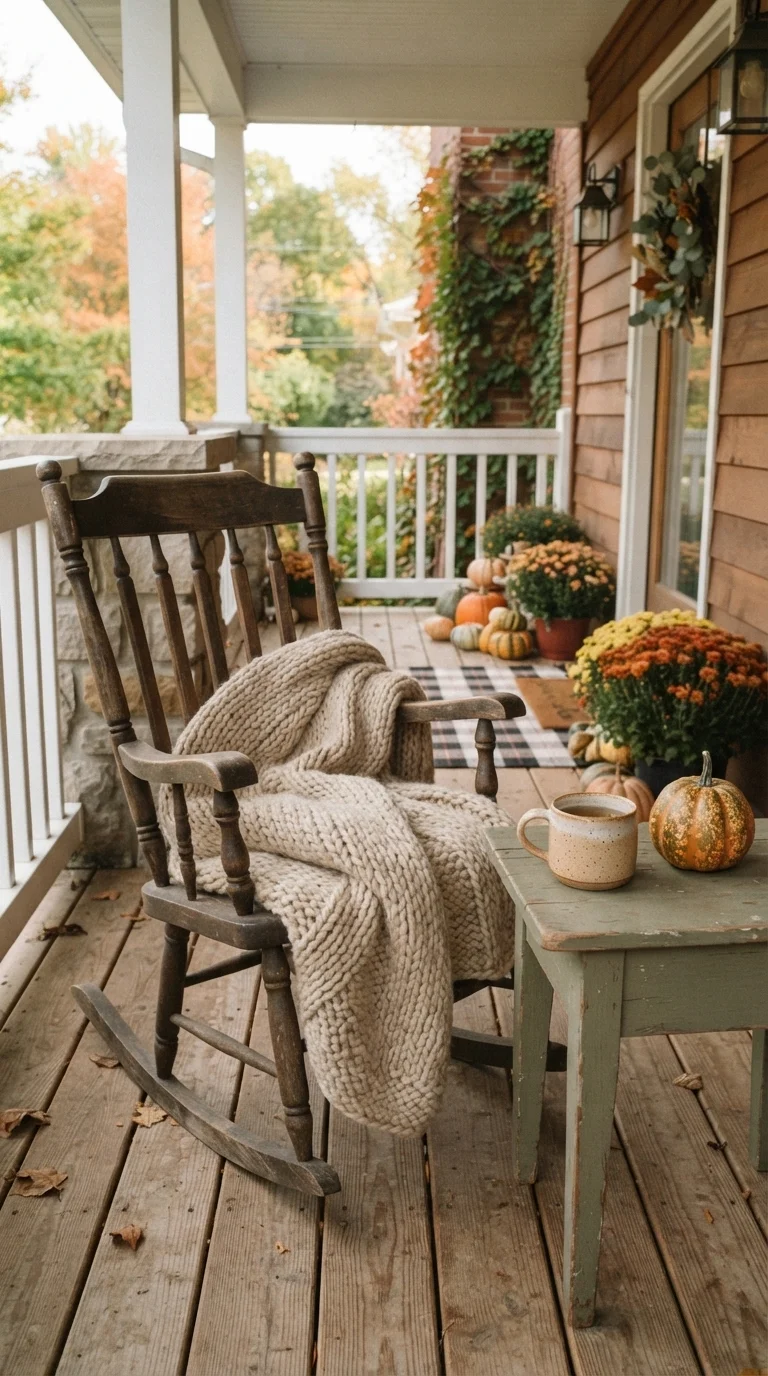 10 Fall Porch Decor Ideas 2026 5. Cozy Seating with Wool Throws