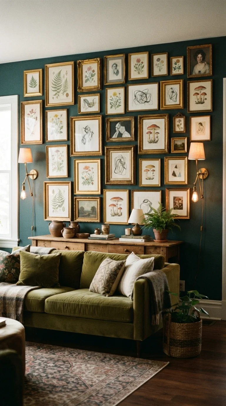 12 Boho Living Room Ideas 2026 Vintage 5. Curated Gallery Walls with Vintage Frames