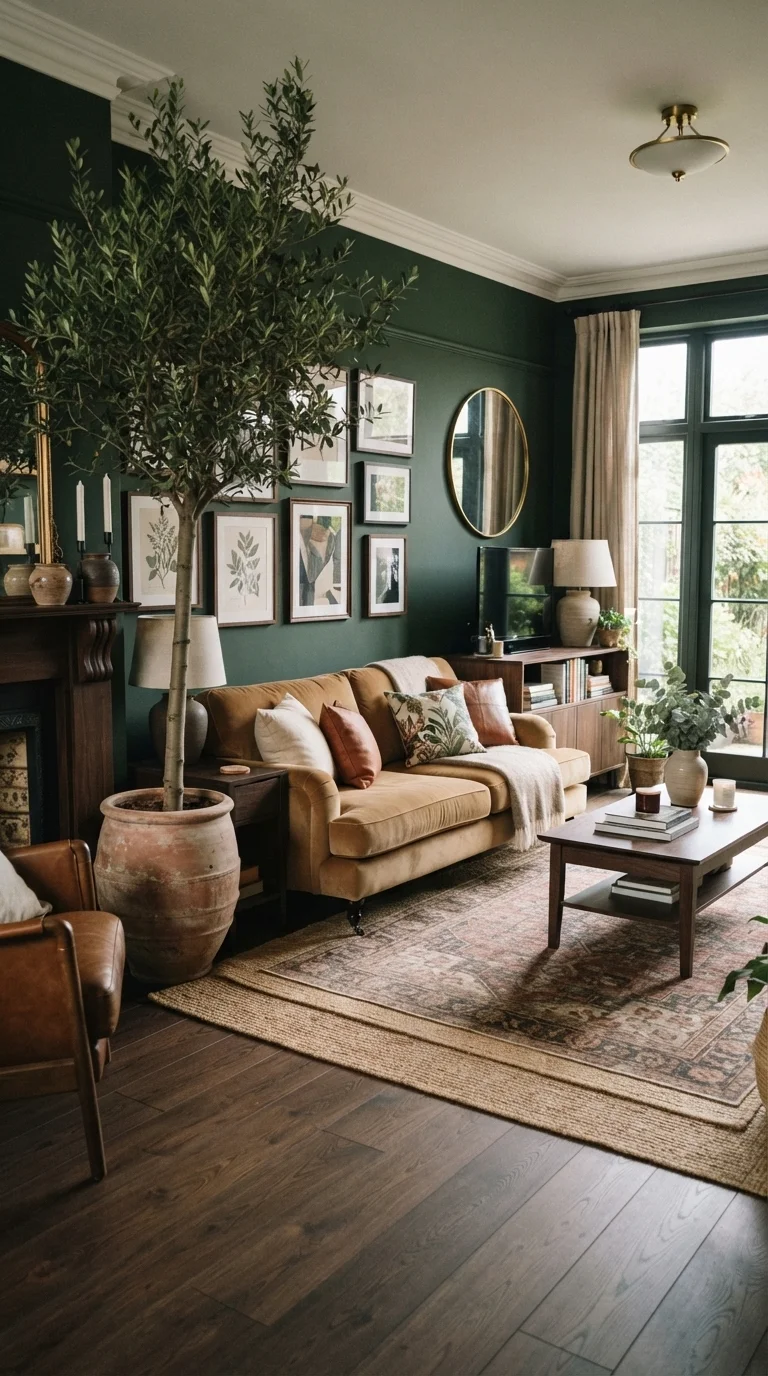 9 Modern Living Room Remodel Ideas 2026 5. Earthy Tones and Deep Greens