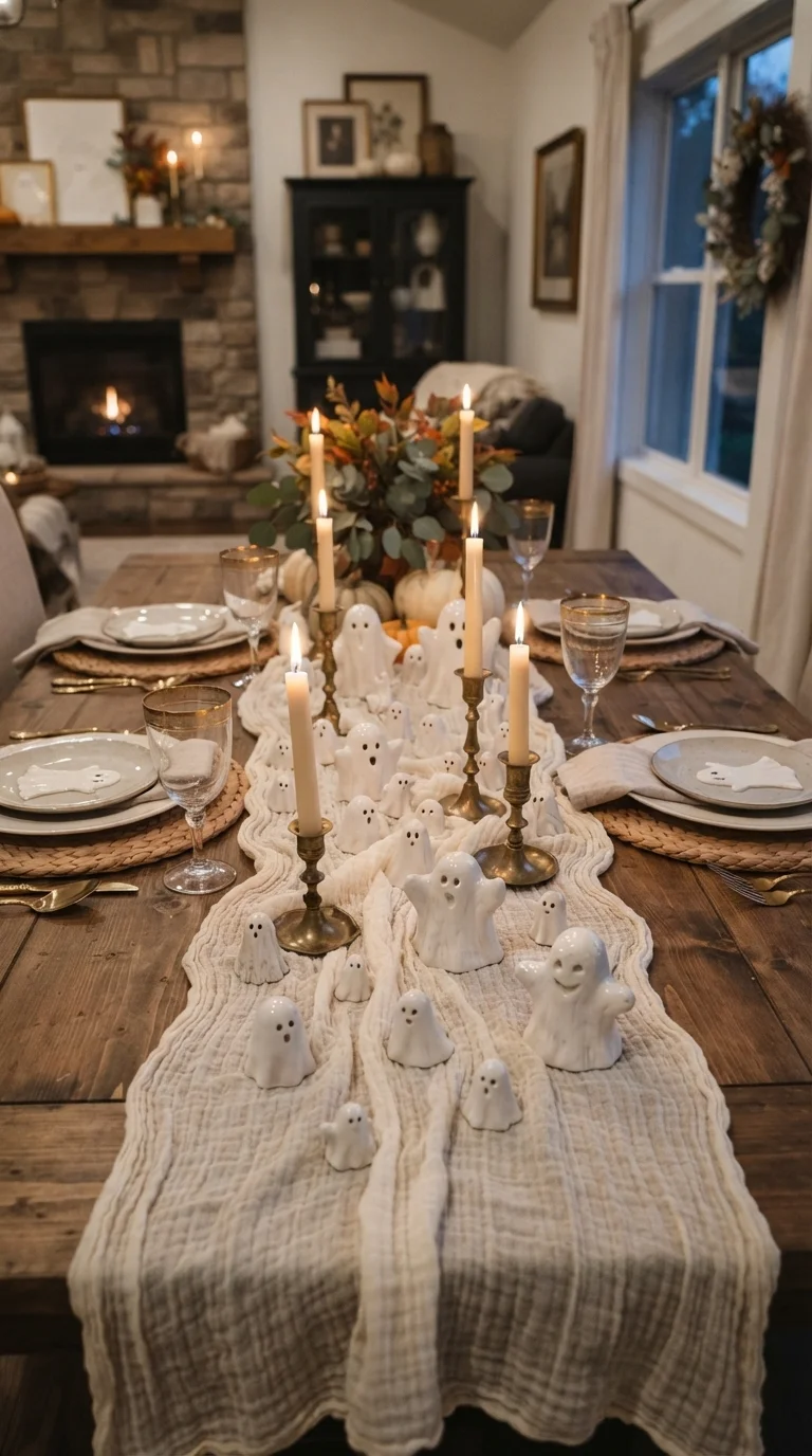 11 Cute Halloween Decor Ideas 2026 Decoration DIY 5. Ghostly Gauze Table Runners