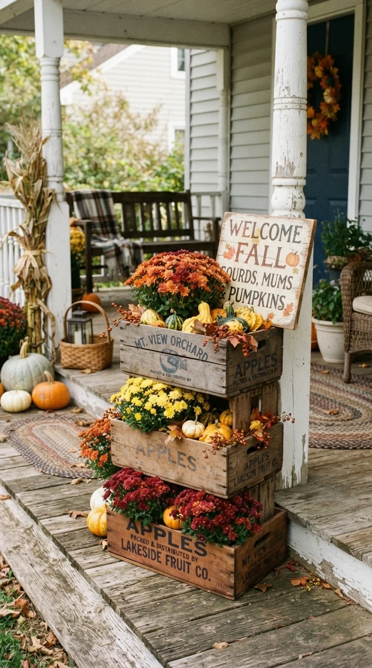 10 Fall Porch Decorating Ideas 2026 with Pumpkins, Wreaths & Rustic Decor 5. Rustic Wooden Crates as Seasonal Shelving