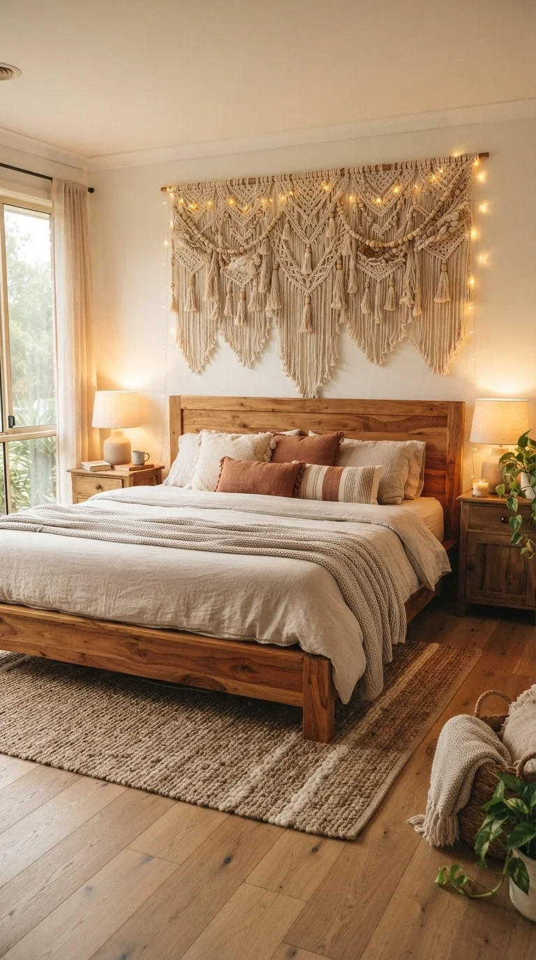 10 King Size Bed Ideas 2026 Art Above 5. Textile Wall Hanging for Softened Texture