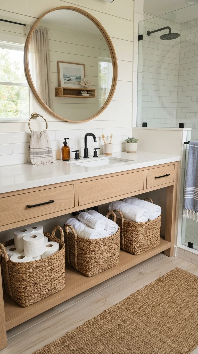 9 Bathroom Organizer Ideas 2026 Storage 5. Woven Seagrass Under-Sink Baskets