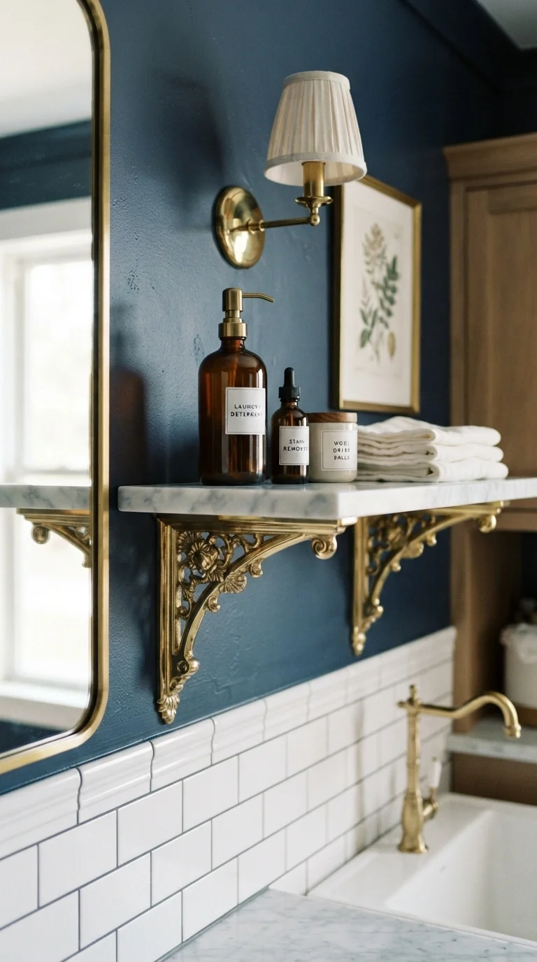 6. Brass Bracket Shelving for a Touch of Luxury