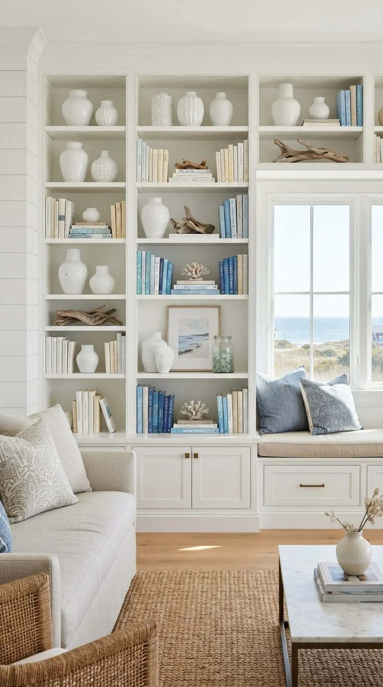 6. Built-in Shelving with Curated Beach Finds