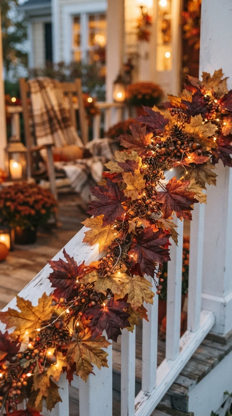 11 Outside Halloween Decorations Ideas 2026 Yard Decor 6. Cascading Leaf Garlands on Railings