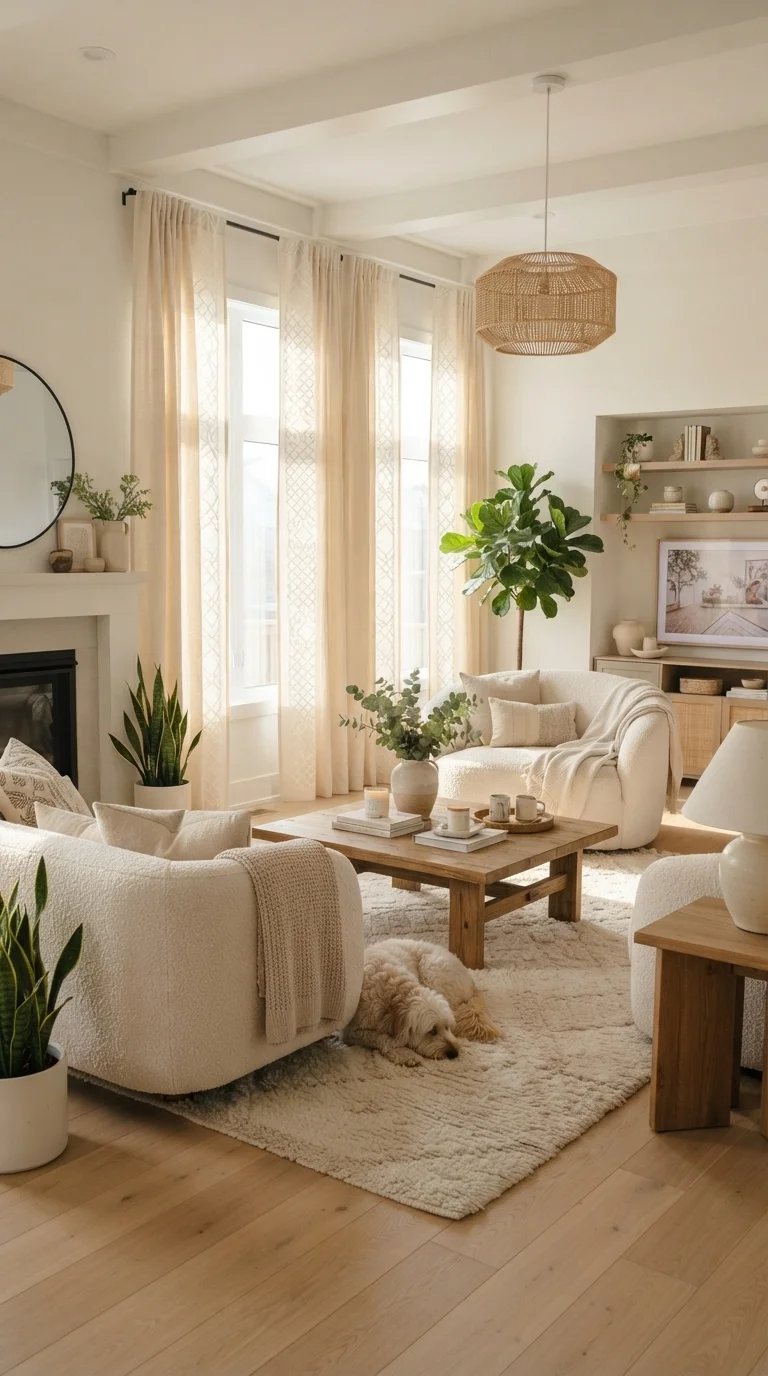 11 Cream Living Room Curtain Ideas 2026 6. Cream Curtains with Tonal Patterned Embroidery