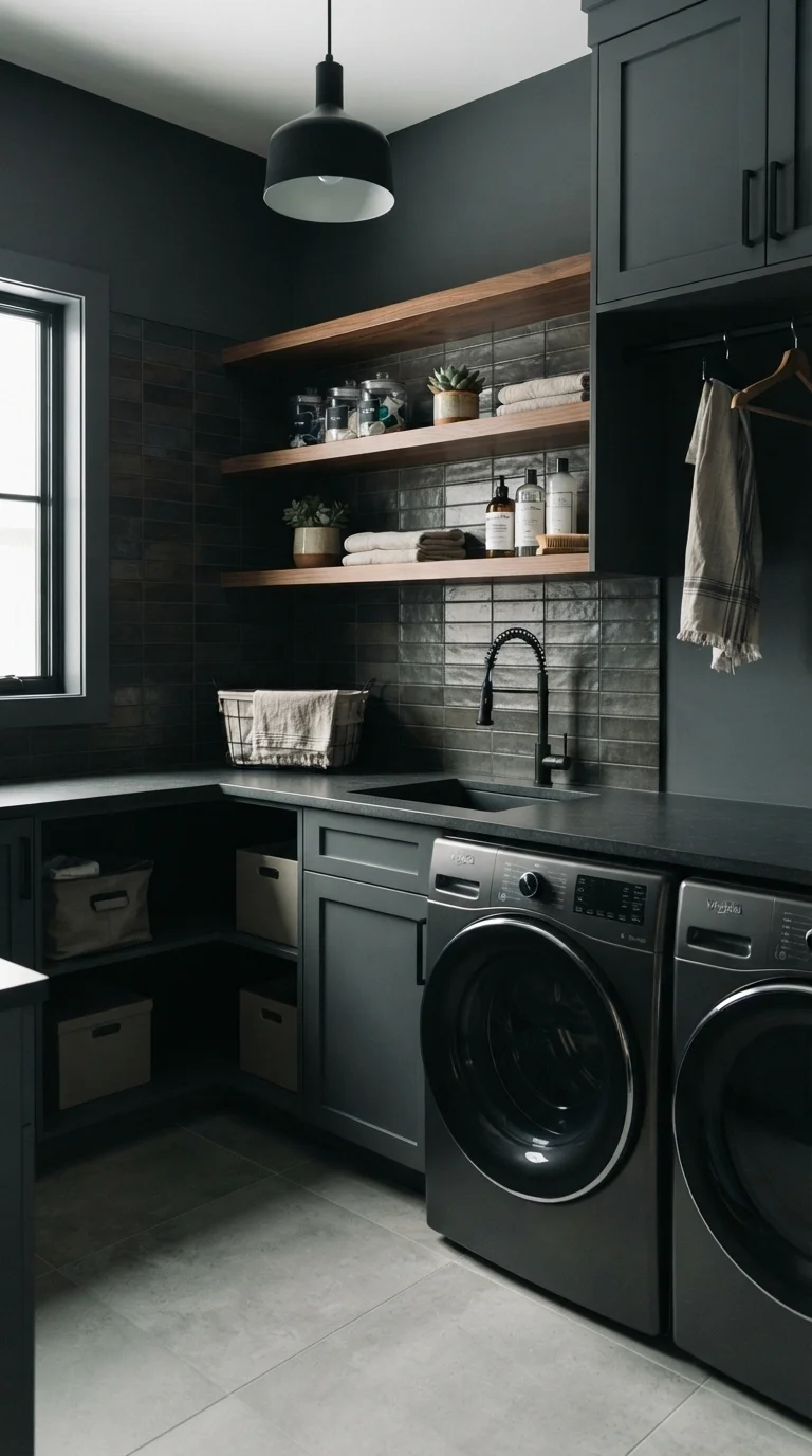 8 Laundry Room Remodel Ideas 2026 6. High-Contrast Charcoal and Wood