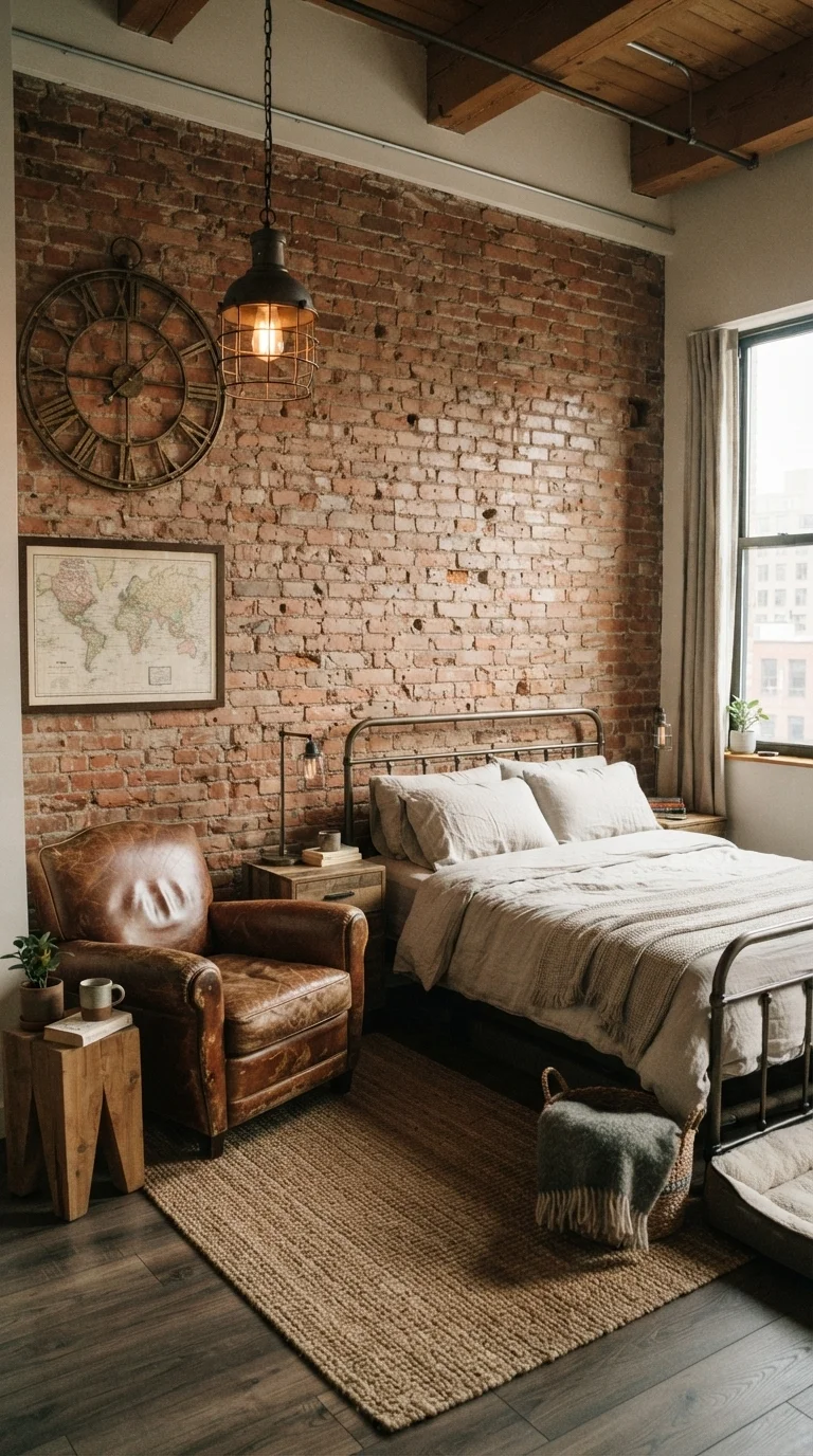 10 Vintage Bedroom Ideas 2026 Elegant Retro 6. Industrial Loft Retro with Exposed Brick
