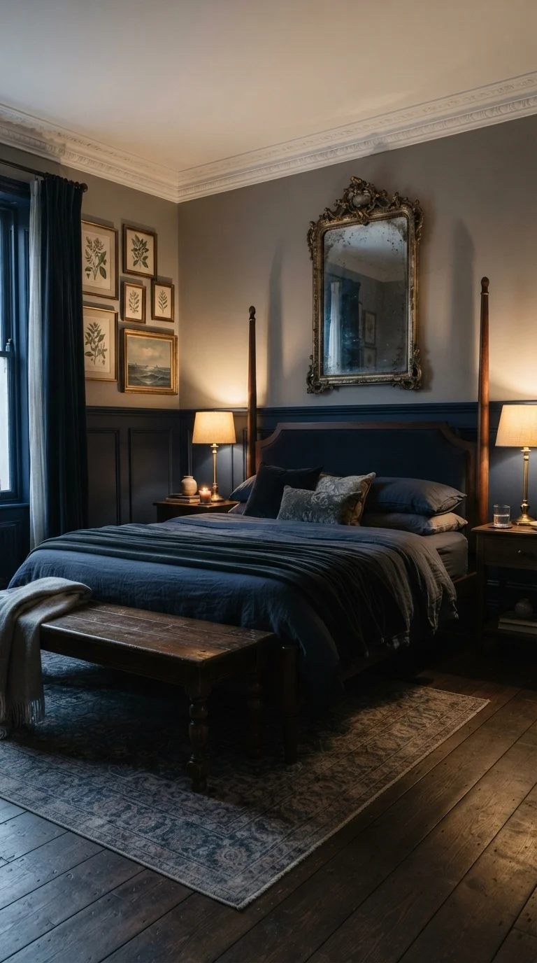6. Moody Wainscoting and Vintage Mirrors
