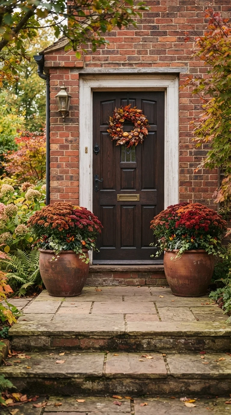 10 Fall Porch Decorating Ideas 2026 with Pumpkins, Wreaths & Rustic Decor 6. Potted Mums in Ceramic Planters