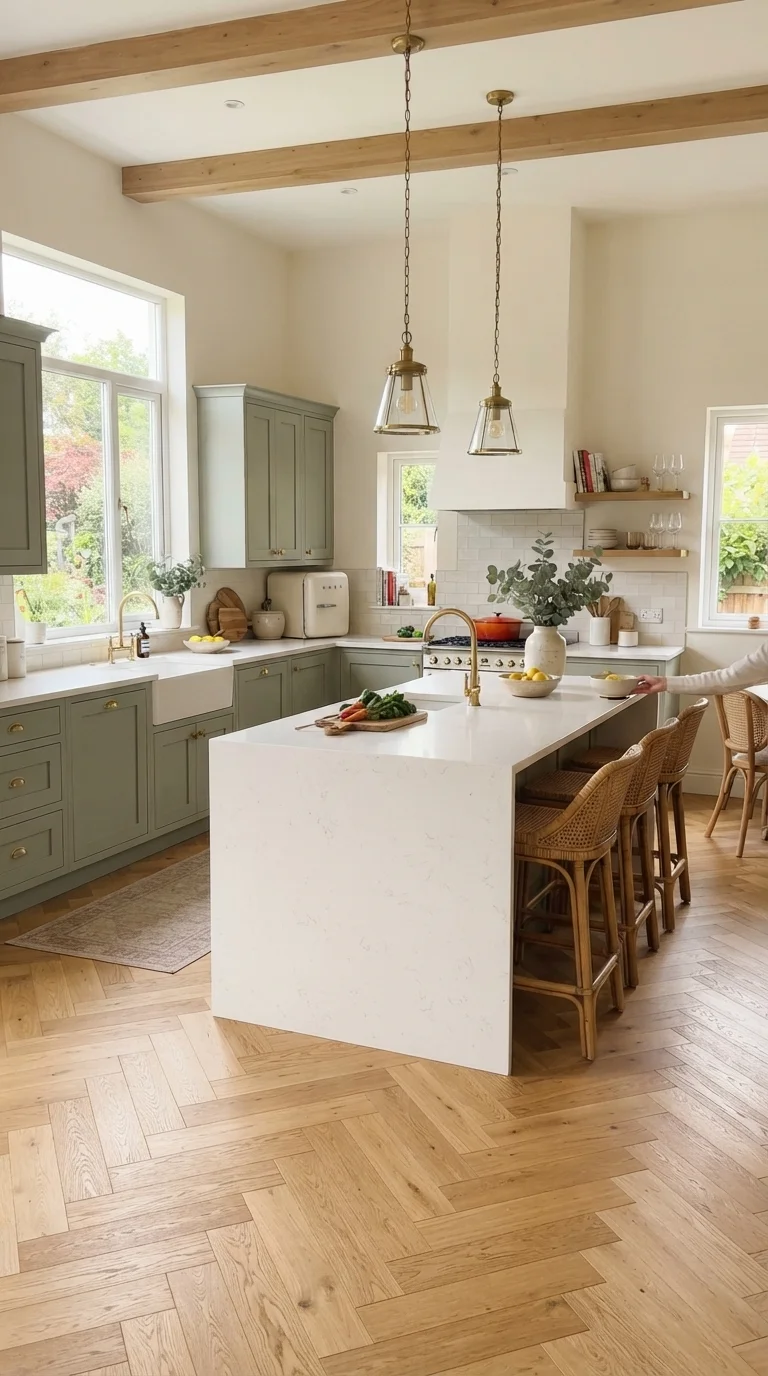 6. Sage Green Kitchen with Oak Herringbone Flooring