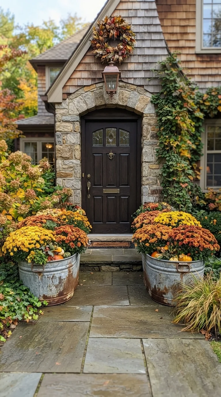 7. Galvanized Metal Planters with Mums