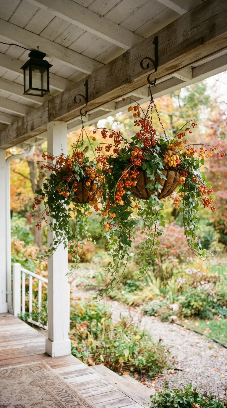 10 Fall Porch Decorating Ideas 2026 with Pumpkins, Wreaths & Rustic Decor 7. Hanging Baskets with Trailing Ivy and Bittersweet