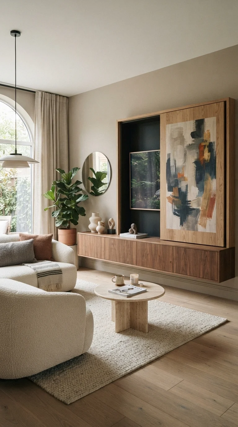 7. Hidden TV Behind Art Panels