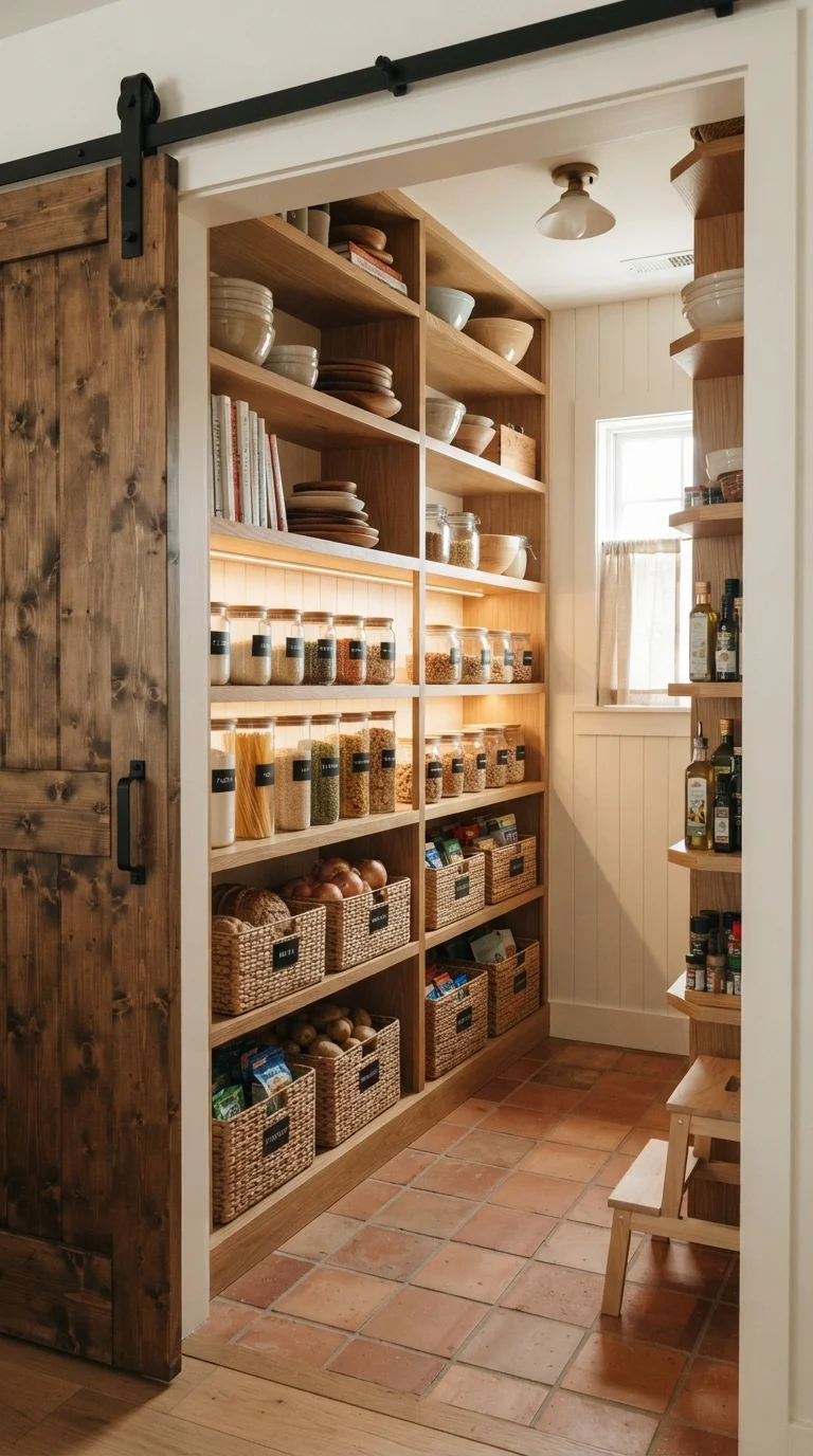 7. Minimalist Wood Open Pantry Shelving