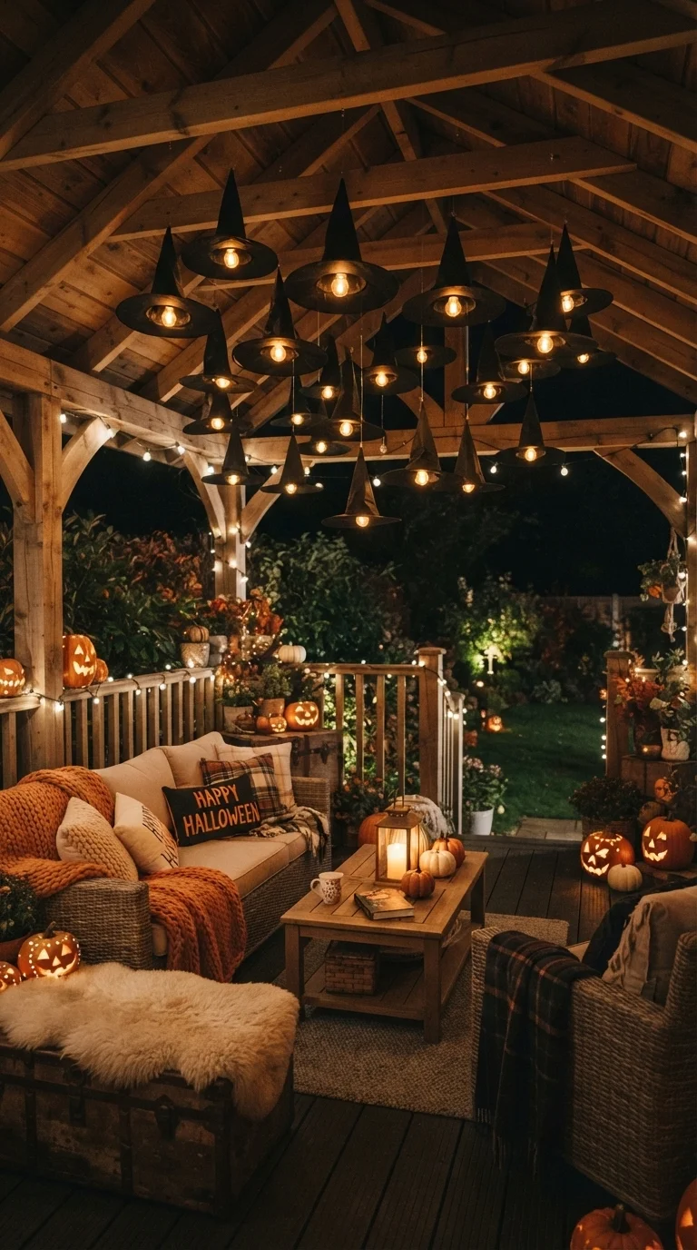 11 Outside Halloween Decorations Ideas 2026 Yard Decor 7. Whimsical Witch Hat Chandelier