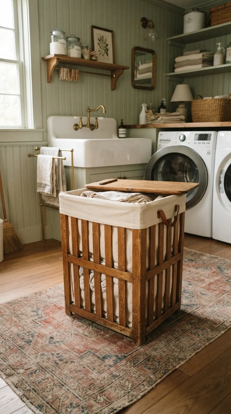 8. Antique Wooden Laundry Hamper