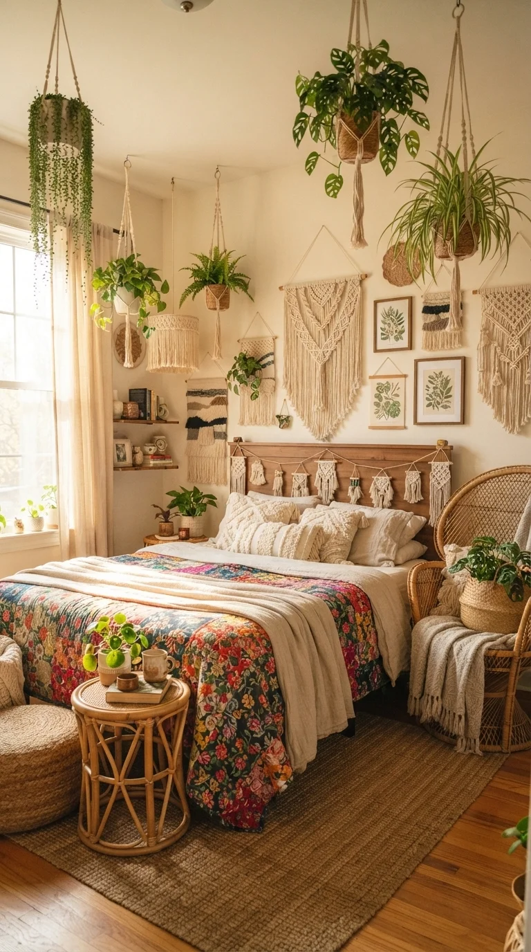 10 Vintage Bedroom Ideas 2026 Elegant Retro 8. Bohemian 1960s Folk with Macramé and Plants