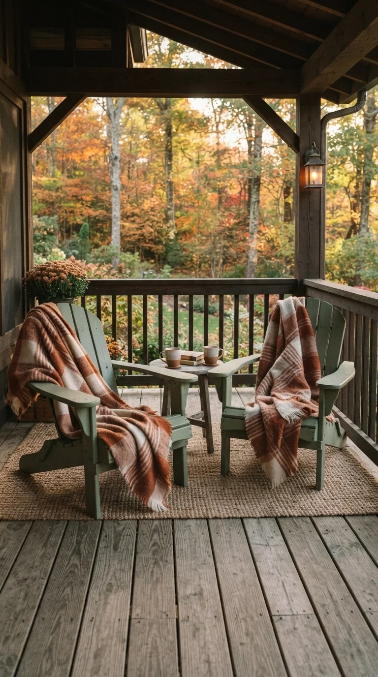 10 Fall Porch Decorating Ideas 2026 with Pumpkins, Wreaths & Rustic Decor 8. Cozy Plaid Throws on Porch Seating