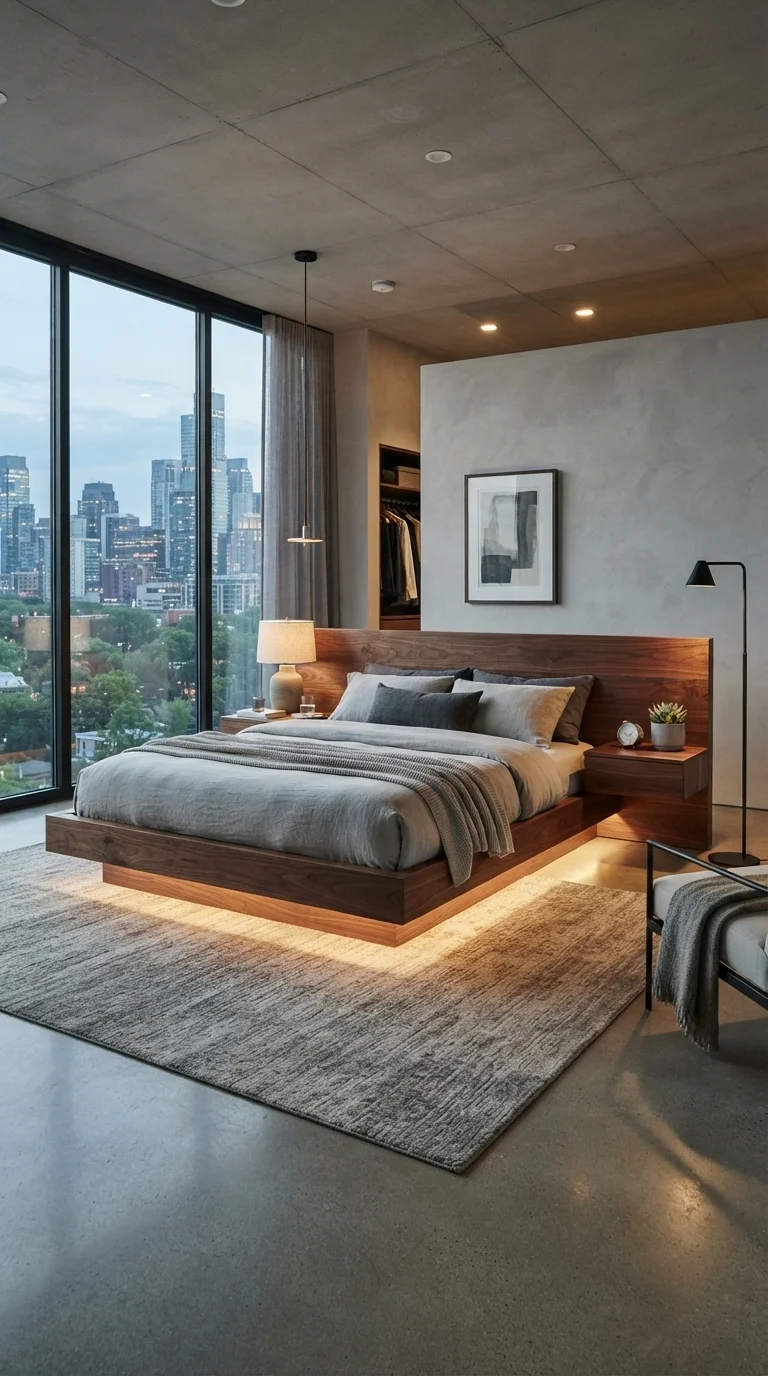 8. Floating Platform Beds with Built-in Nightstands