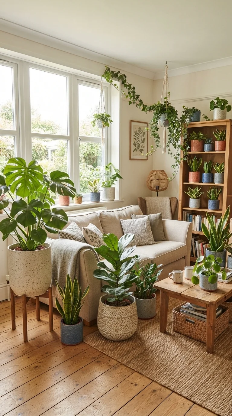 12 Boho Living Room Ideas 2026 Vintage 8. Lush Indoor Jungles in Ceramic Pots