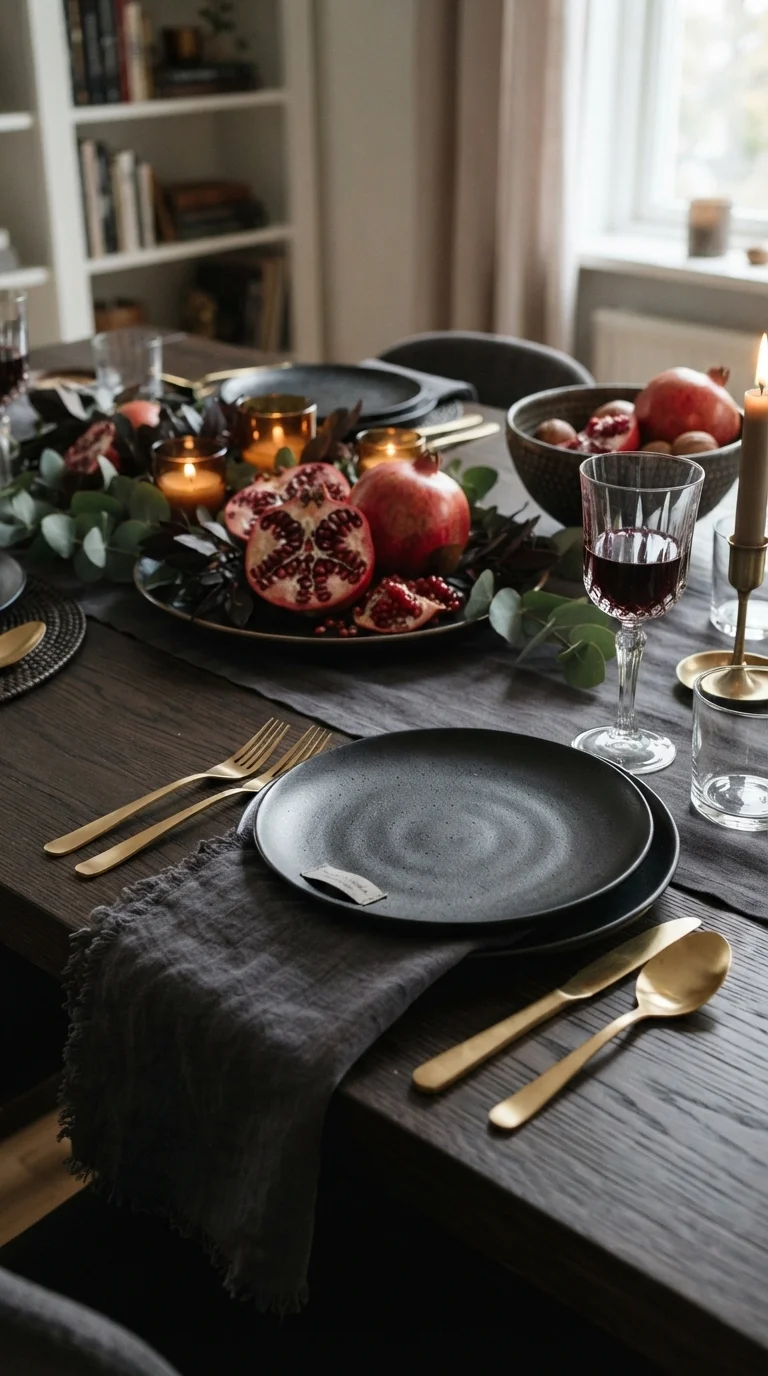11 Cute Halloween Decor Ideas 2026 Decoration DIY 8. Moody Charcoal and Gold Tablescape