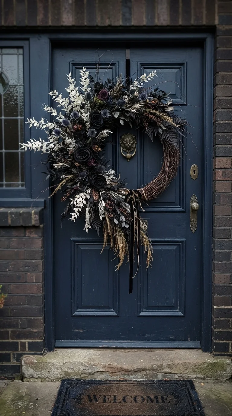 11 Outside Halloween Decorations Ideas 2026 Yard Decor 8. Moody Dark Floral Door Wreaths