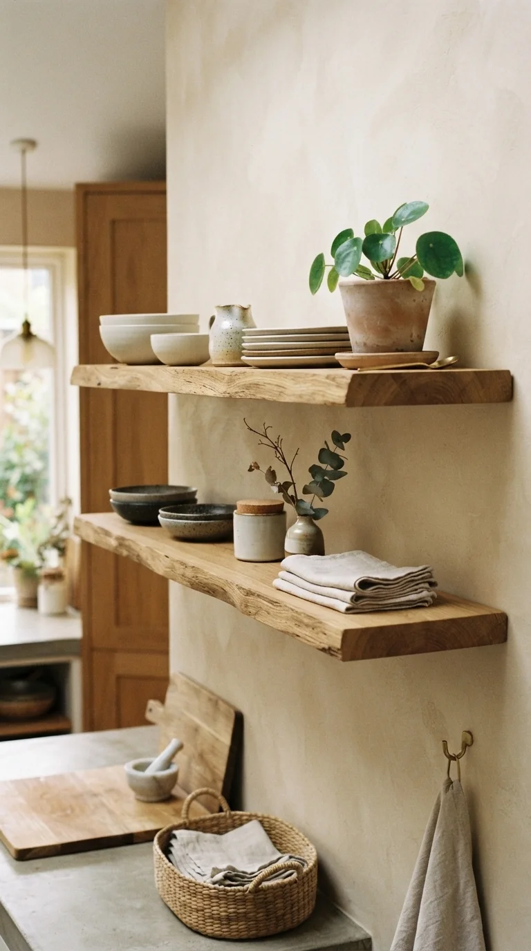 8. Raw Wood Floating Shelves