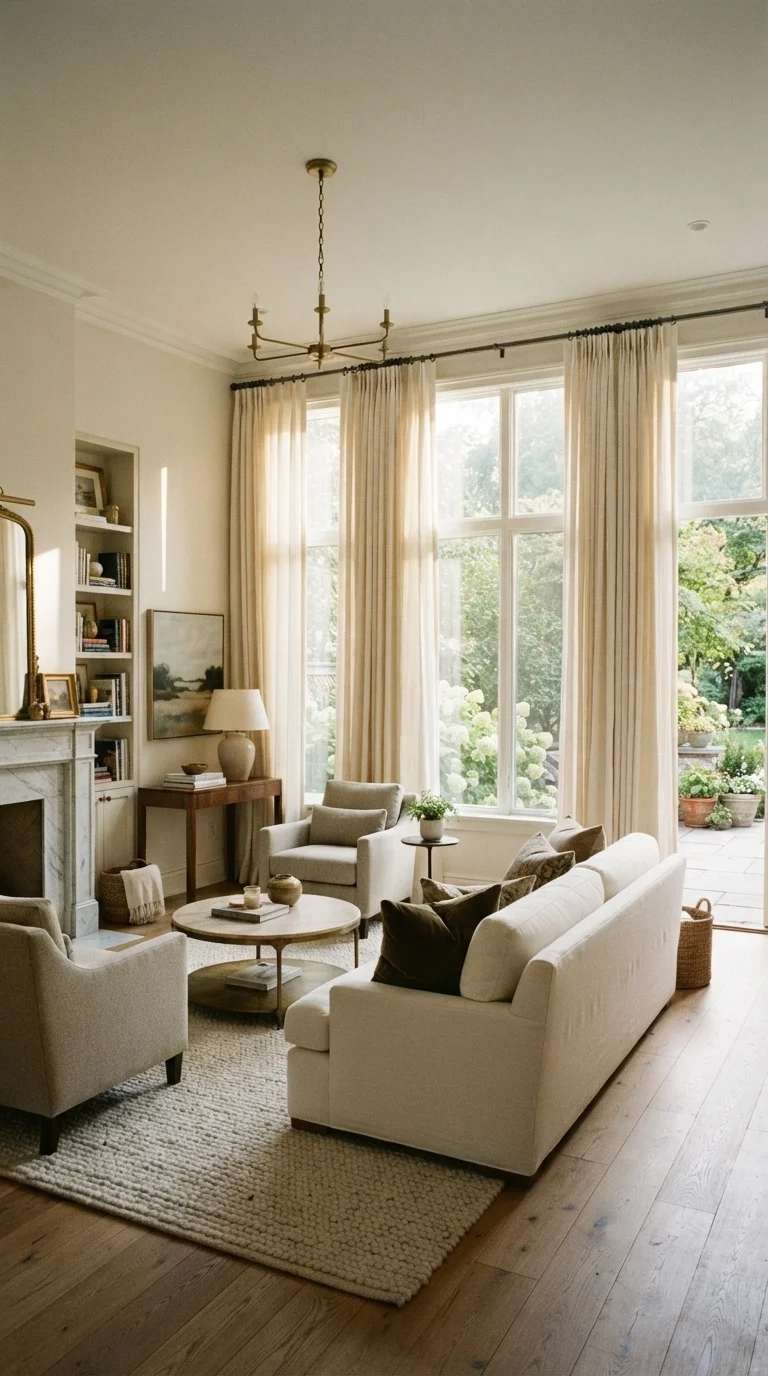 11 Cream Living Room Curtain Ideas 2026 8. Wide-Width Fabric for a Full, Luxurious Drape