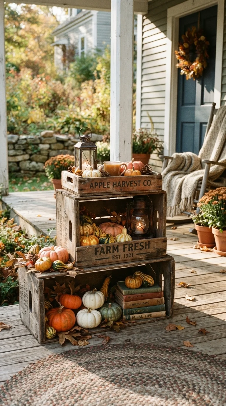 10 Fall Porch Decor Ideas 2026 8. Wooden Crates for Height and Storage
