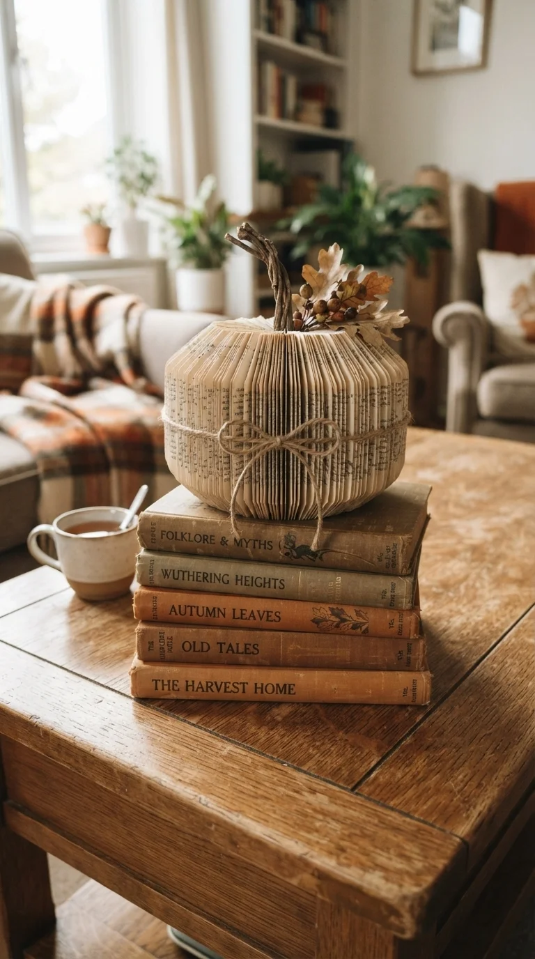 11 Cute Halloween Decor Ideas 2026 Decoration DIY 9. Book-Page Pumpkin Sculptures