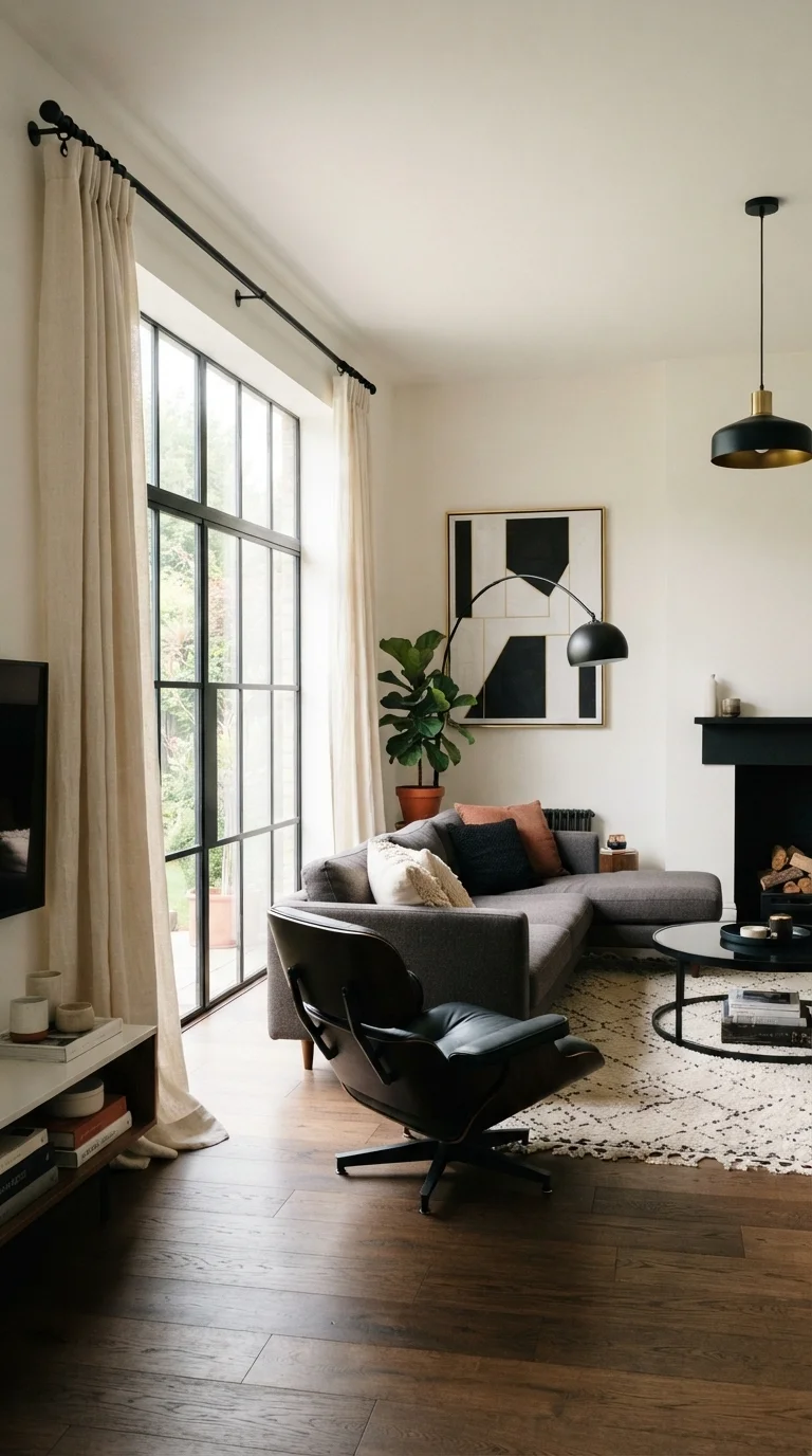 11 Cream Living Room Curtain Ideas 2026 9. Contrast Hardware for a Bold Framing Effect
