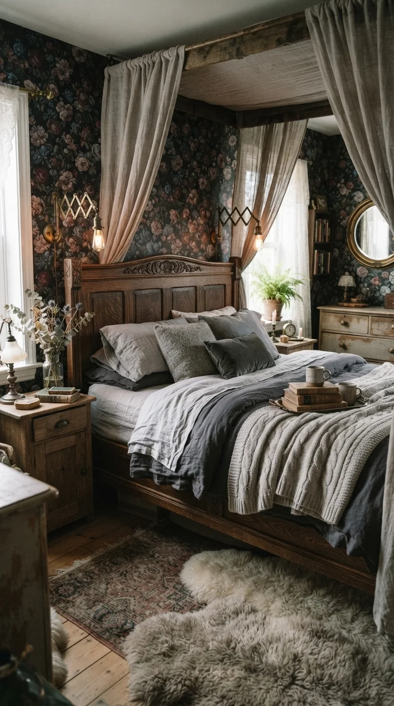 9. Dark Floral Wallpaper and Antique Wood