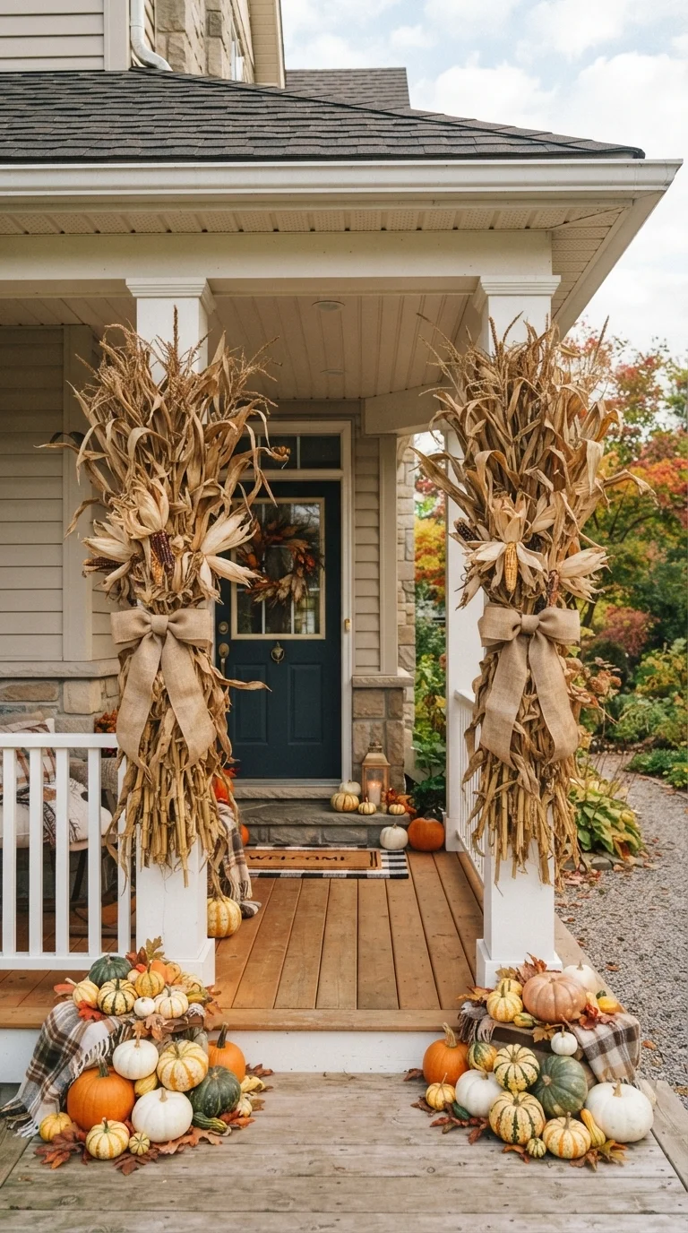 10 Fall Porch Decorating Ideas 2026 with Pumpkins, Wreaths & Rustic Decor 9. Dried Corn Stalks for Traditional Harvest Flair