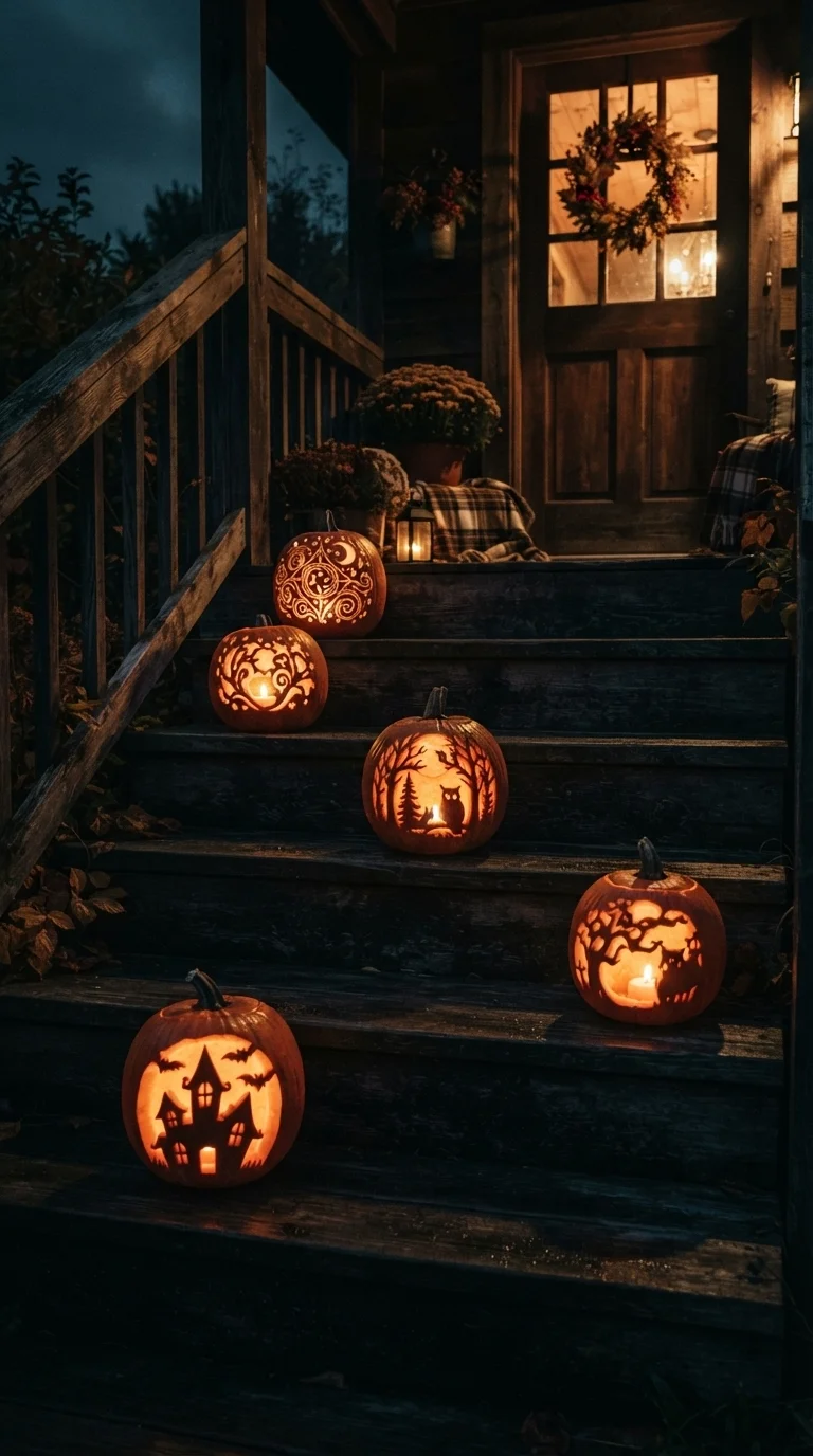 11 Outside Halloween Decorations Ideas 2026 Yard Decor 9. Glowing Jack-o'-Lantern Staircase