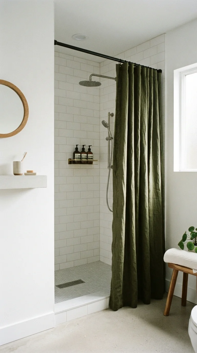 9. Introduce Velvet or Heavy Linen Shower Curtains