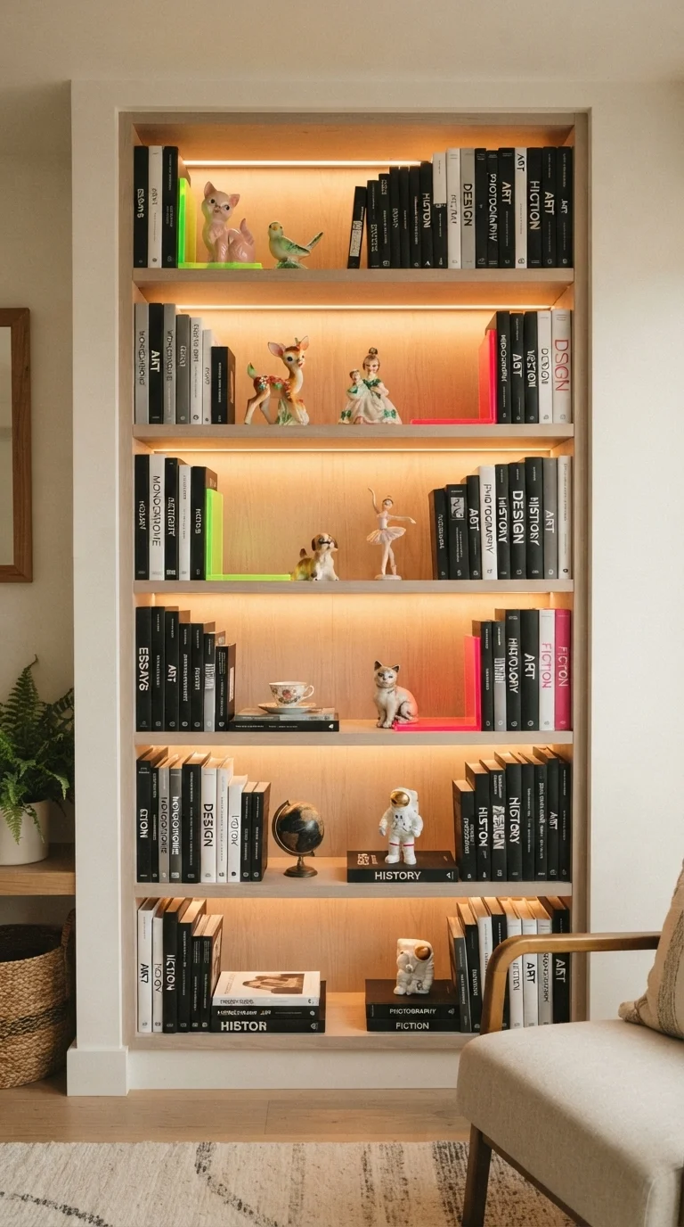 9. Neon-Accented Bookshelf Styling