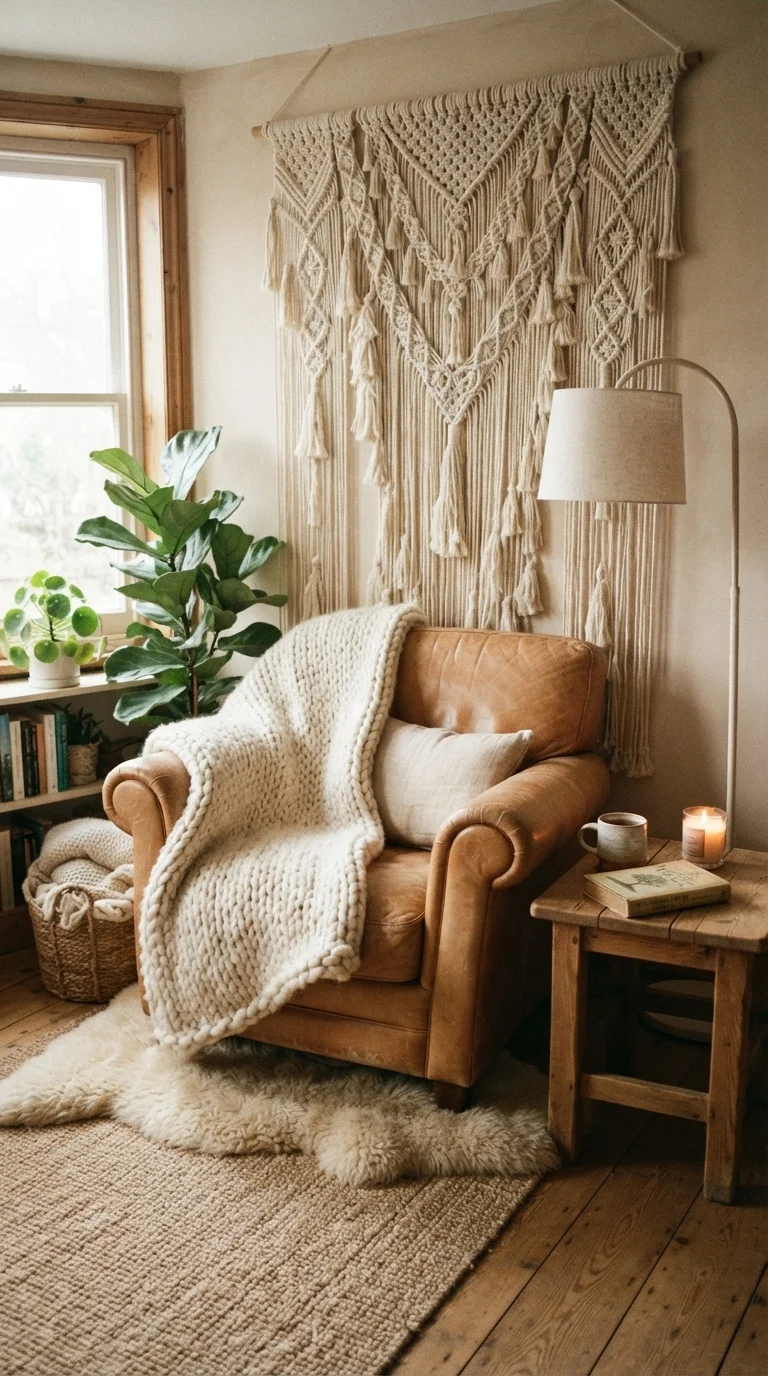 12 Boho Living Room Ideas 2026 Vintage 9. Textural Mixing with Macramé and Wool