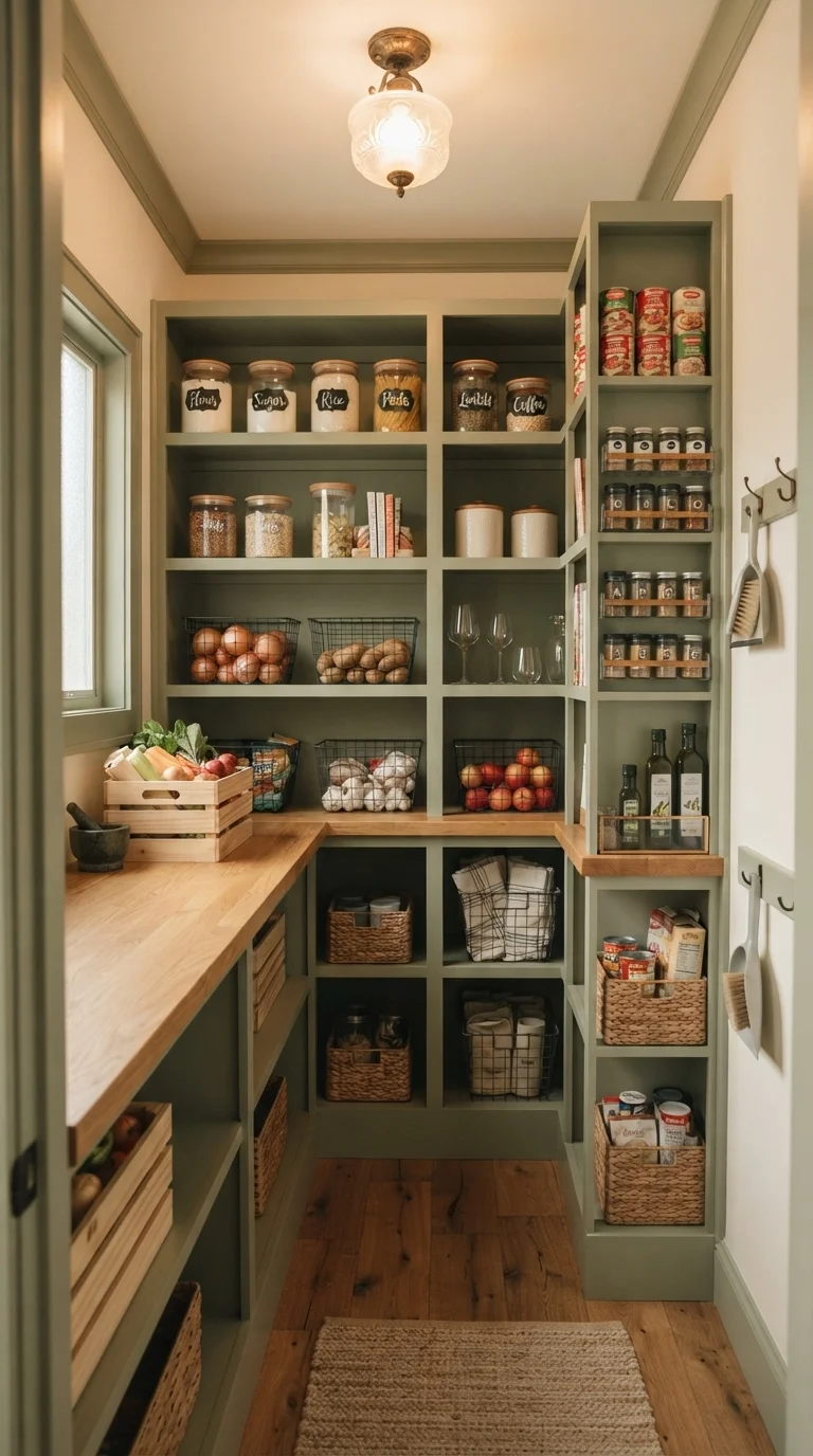 9. Textural Sage Green and Oak Pantry