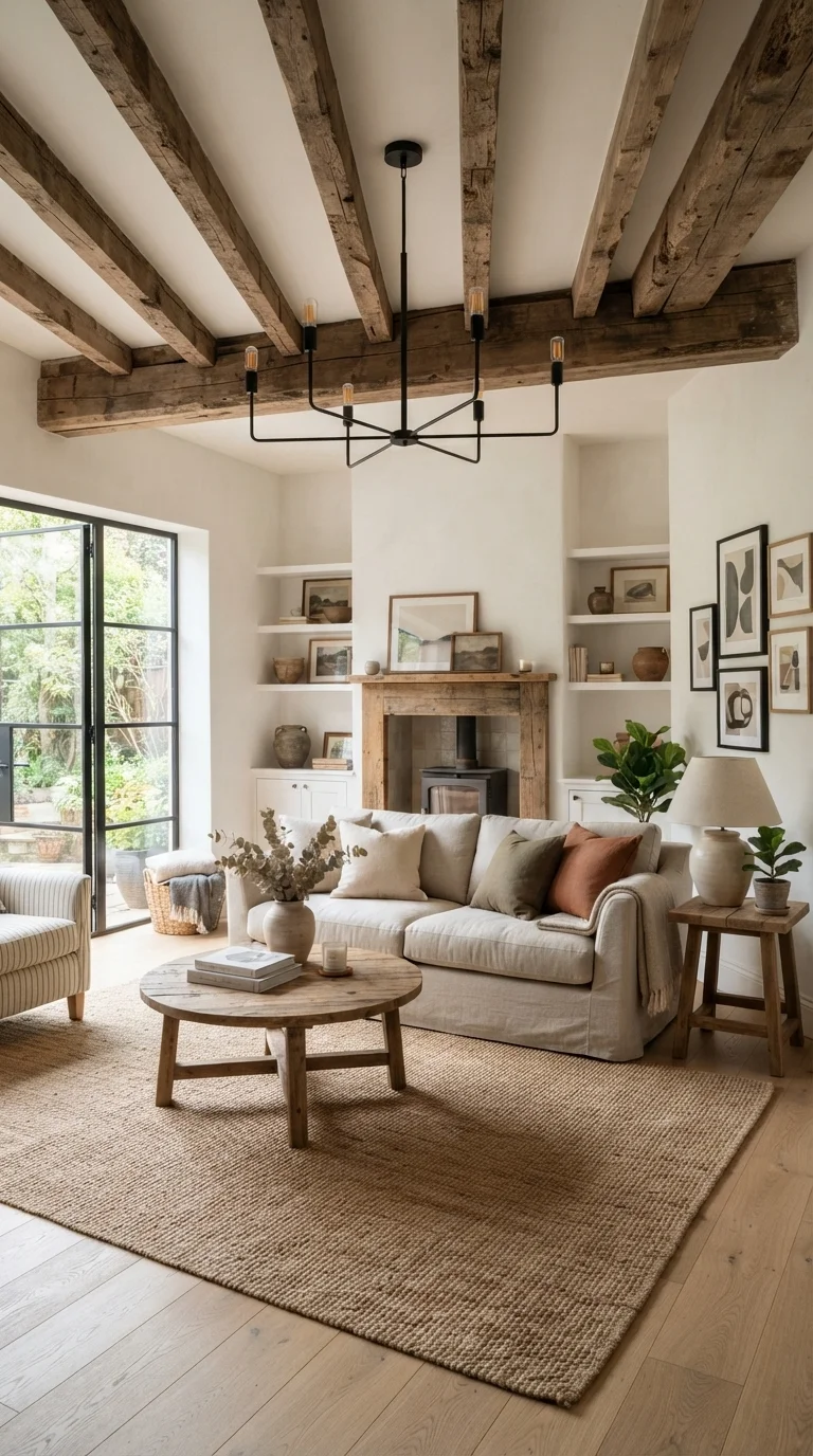 12 Living Room Decoration Ideas 2026 French Country Modern 1. Antique Wood Beams Paired with Modern Lighting