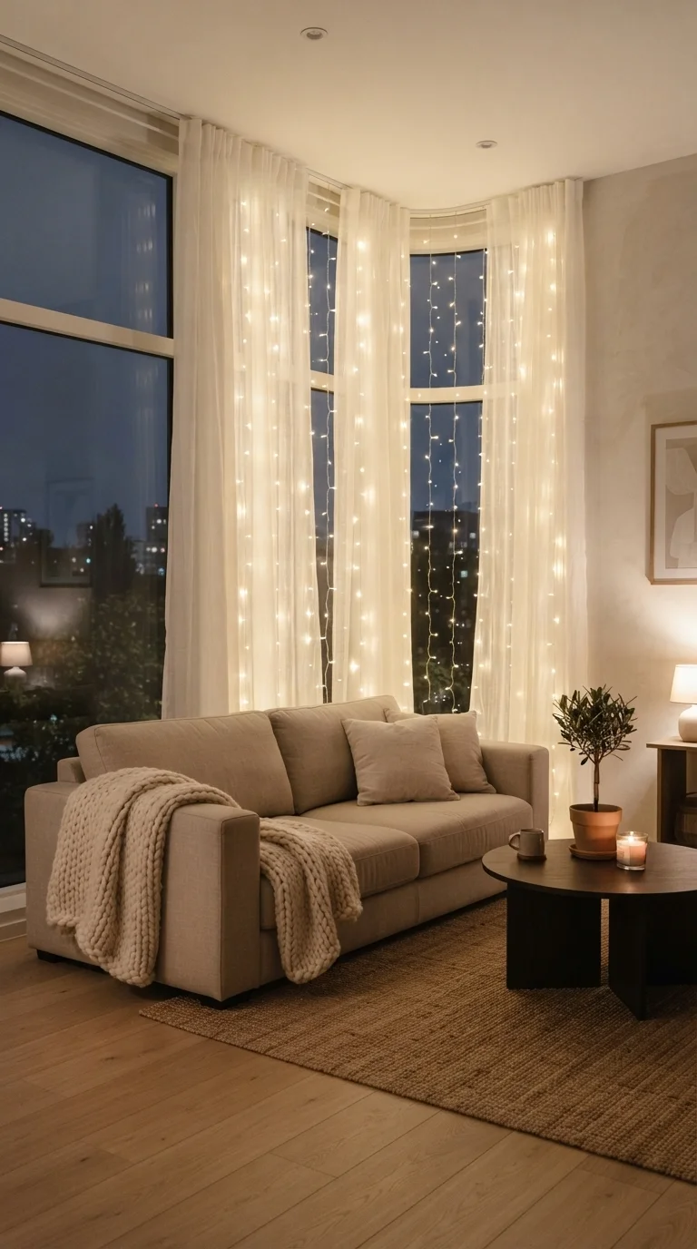 1. Cascading Curtain Lights for Floor-to-Ceiling Drama