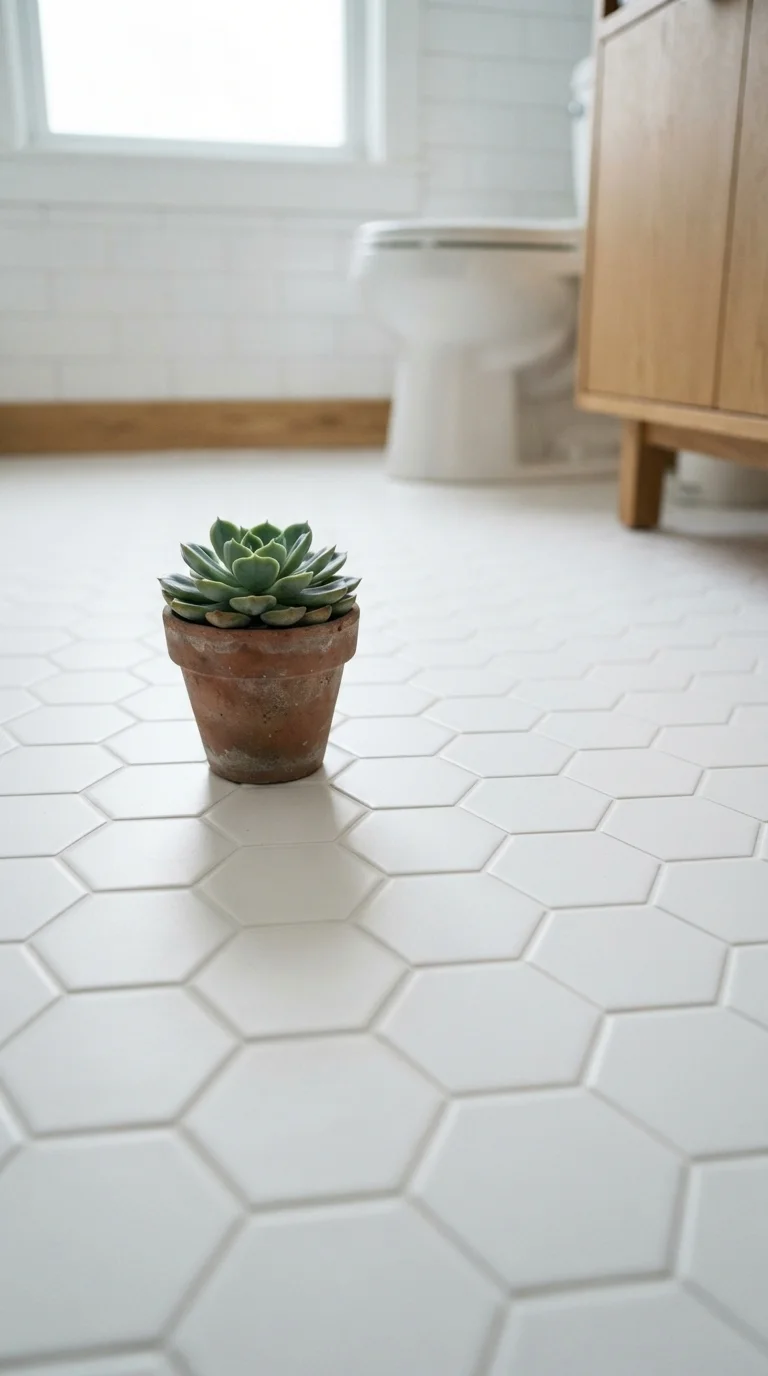 11 Budget-Friendly Bathroom Floor Tile Ideas 2026 1. Classic White Hexagon Ceramic Tiles