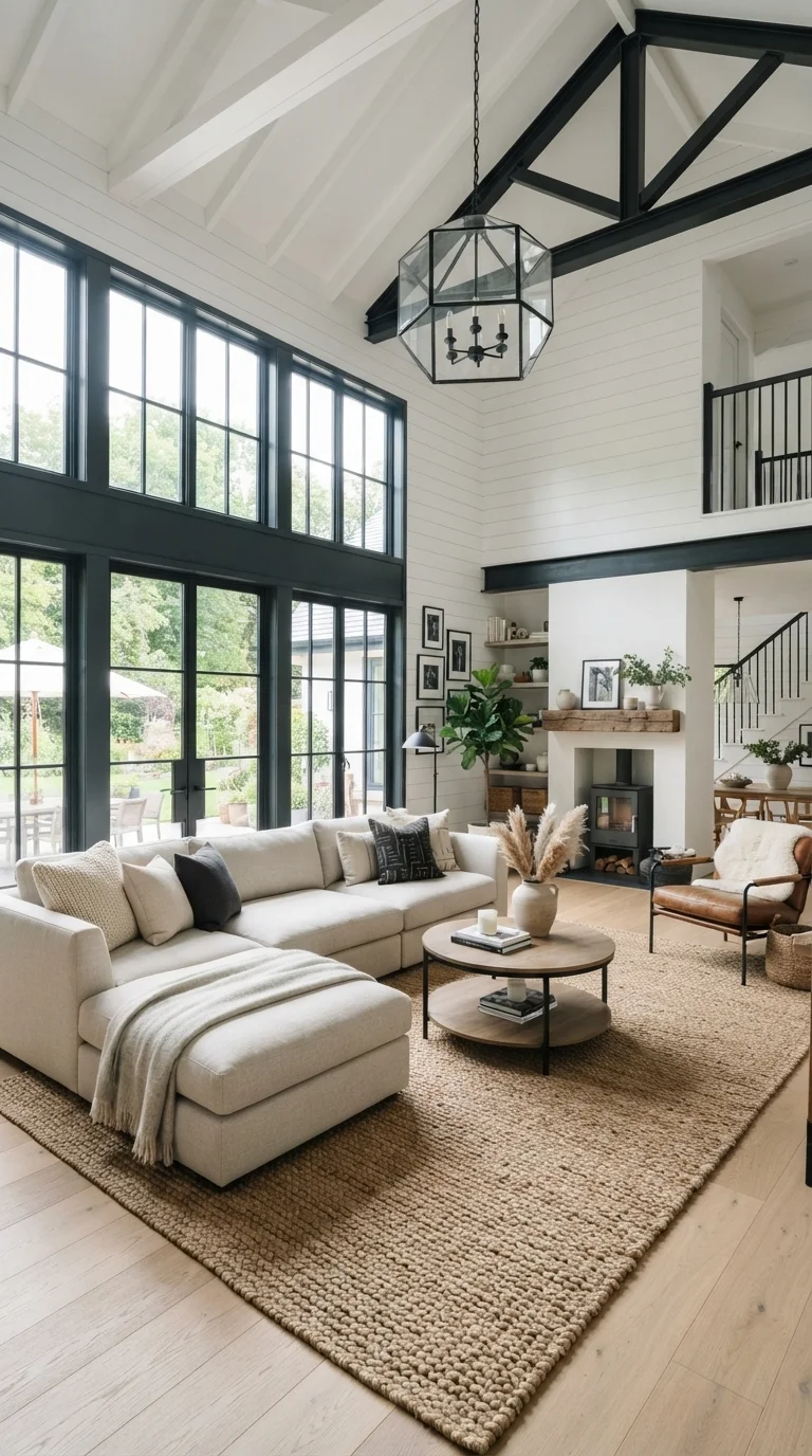 11 Farmhouse Living Room Ideas 2026: Cozy & Modern 1. High-Contrast Architectural Detailing