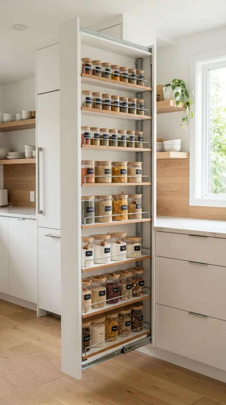 10 Food Pantry Ideas in The Kitchen 2026 Storage Organization 1. Integrated Cabinet Pull-Outs for Narrow Spaces