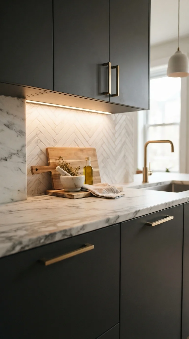 1. Matte Charcoal Cabinetry with Brass Accents