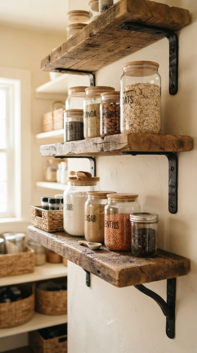 1. Reclaimed Wood Shelving with Matte Black Brackets